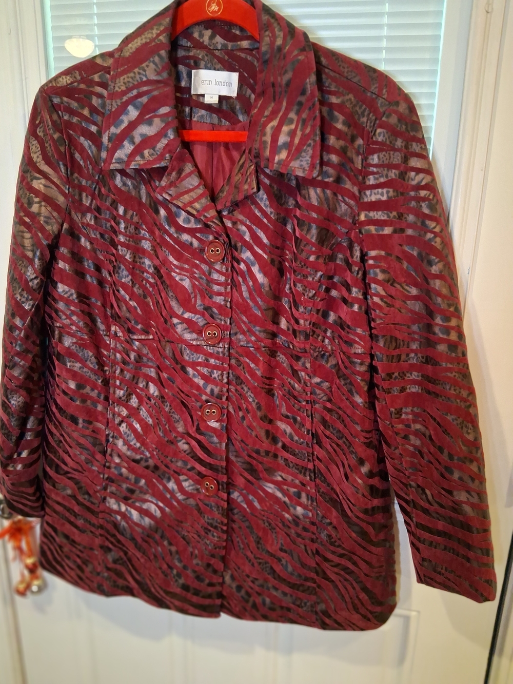 sku118 Erin london Burgundy and Gray Zebra Wave Pattern Blazer Size M
